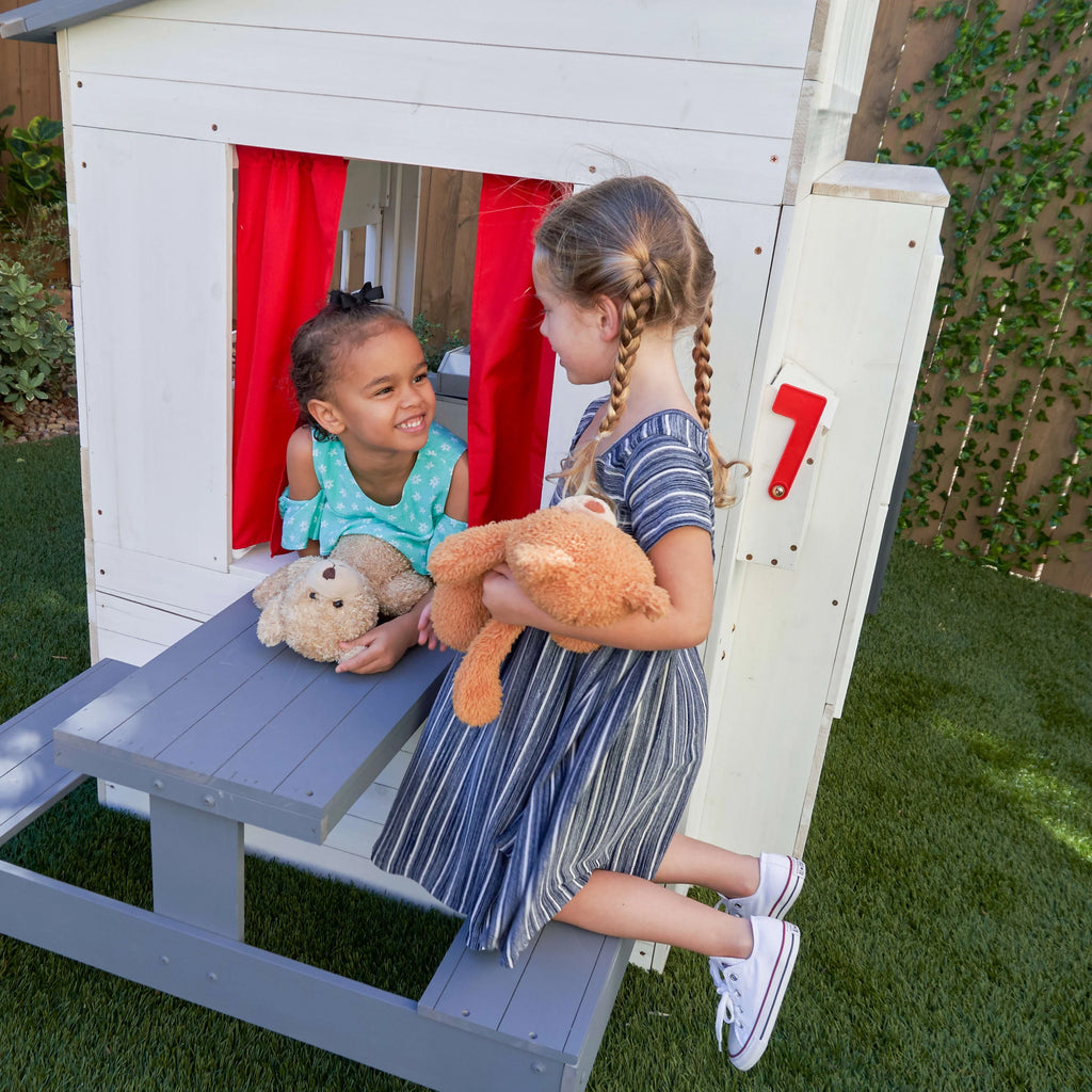 White Wooden Playhouse with Picnic Table, Mailbox & Outdoor Grill F71326