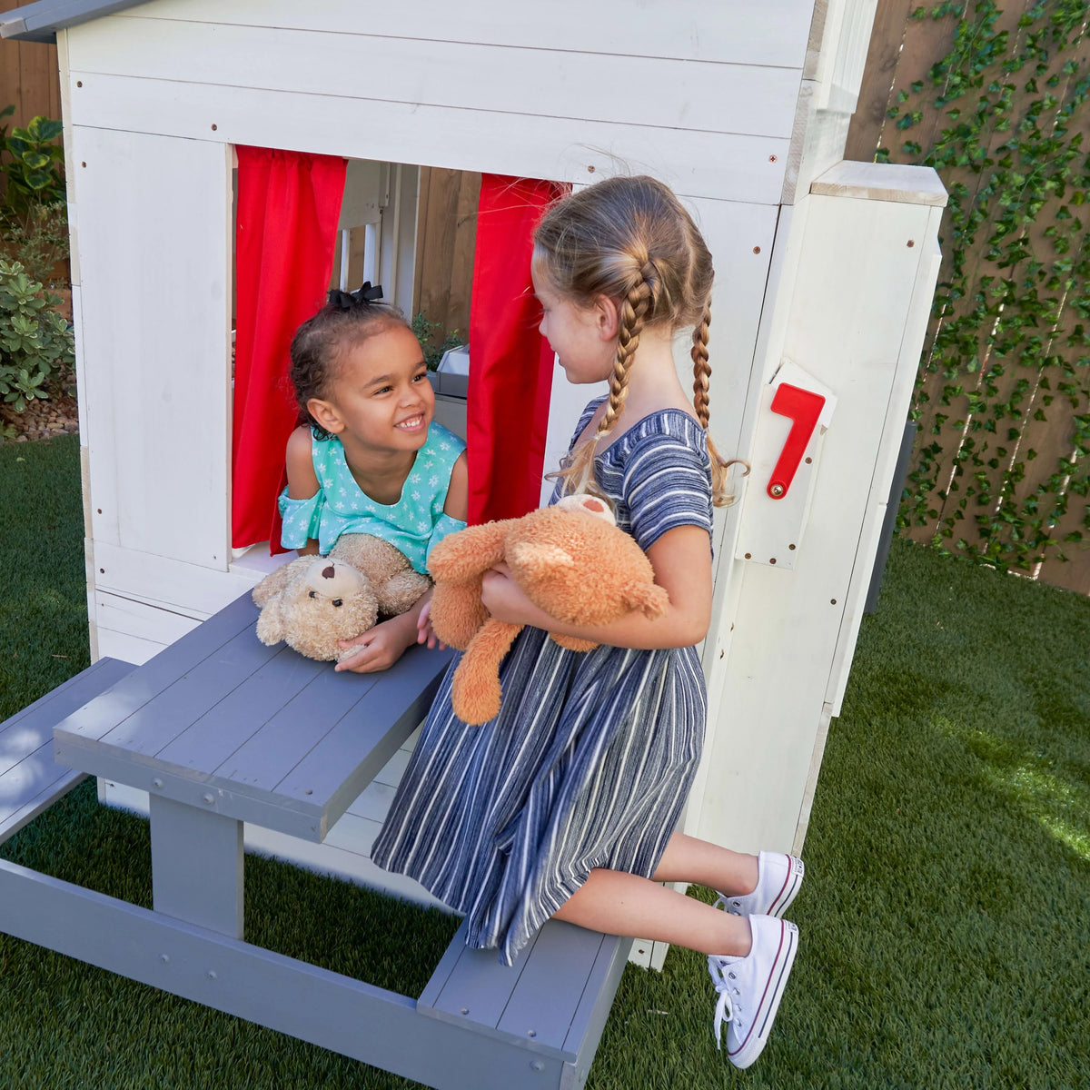 White Wooden Playhouse with Picnic Table, Mailbox & Outdoor Grill F71326