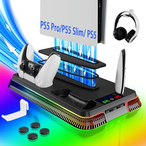 PS5 Stand and Cooling Station with LED Controller Charging Station, Cooling Fan, Headset Holder, 3 USB Hubs I37861