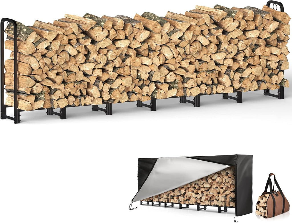 Black Adjustable Firewood Rack with Waterproof Cover Q844