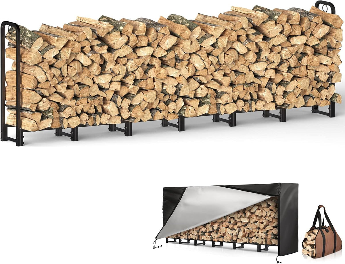 Black Adjustable Firewood Rack with Waterproof Cover Q844