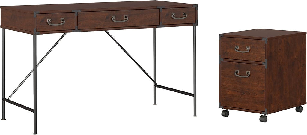 Vintage Golden Pine Writing Desk and 2 Drawer File Cabinet F18612