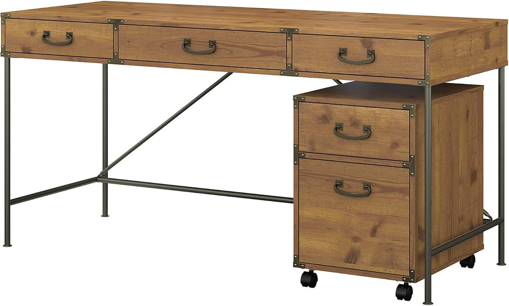 Vintage Golden Pine Writing Desk and 2 Drawer File Cabinet F18612