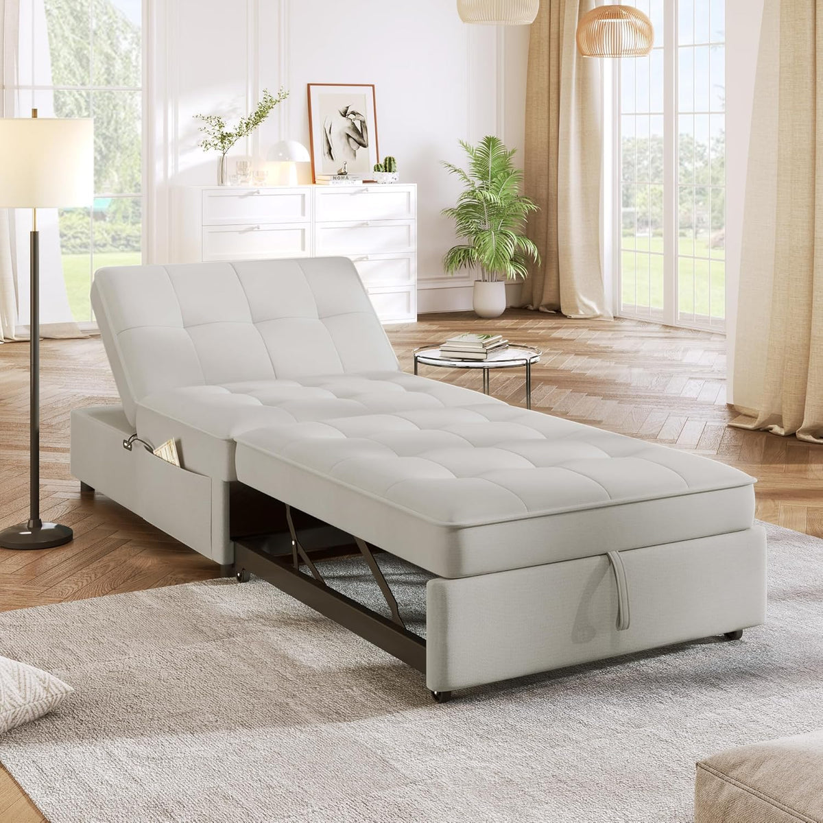 White 4-in-1 Folding Ottoman Bed with Storage Pocket and USB Port J823762