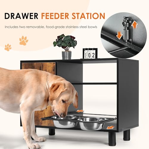 Large Pet Feeder Station with Stainless Steel Double Pull Out Raised Dog Bowls O7767