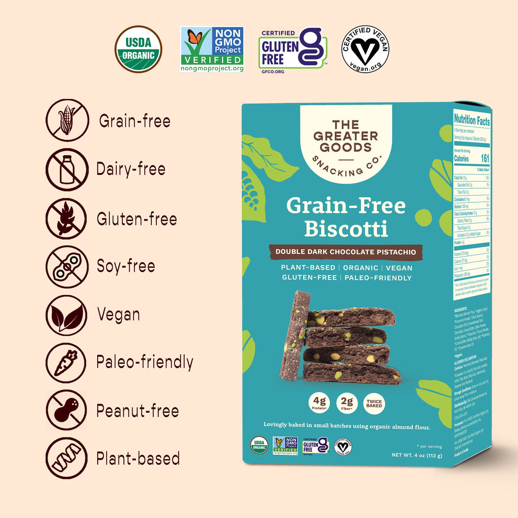 Gluten Free Double Dark Chocolate Pistachio Biscotti Cookies, 4oz, 6 Boxes Q62012