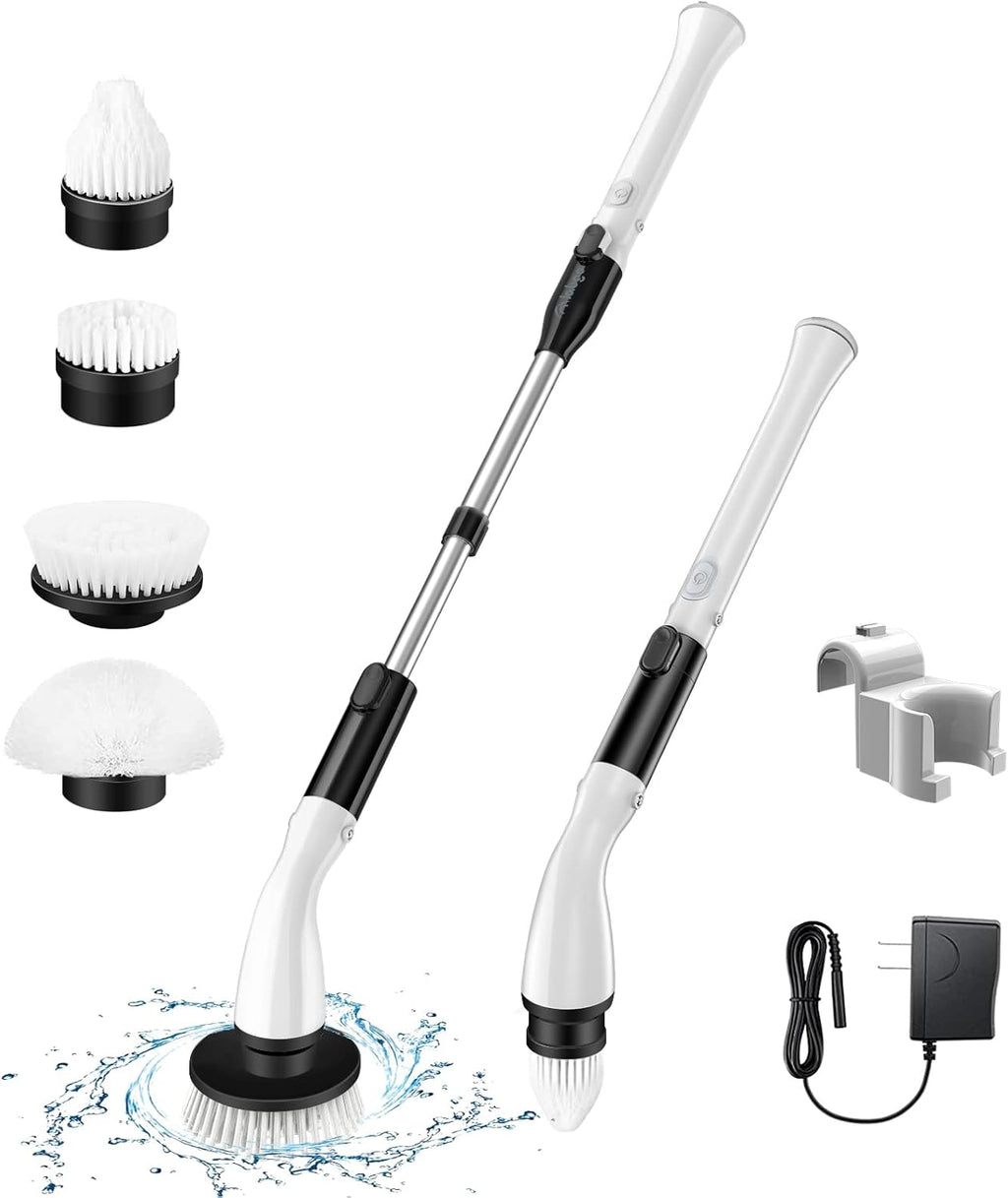 Electric Spin Scrubber with 4 Replaceable Brush Heads and Adjustable Extension Handle (White) Pack of 2 H71066