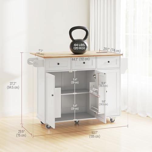 White Rolling Kitchen Island with Wood Top, 3 Drawers, Adjustable Shelf D98559