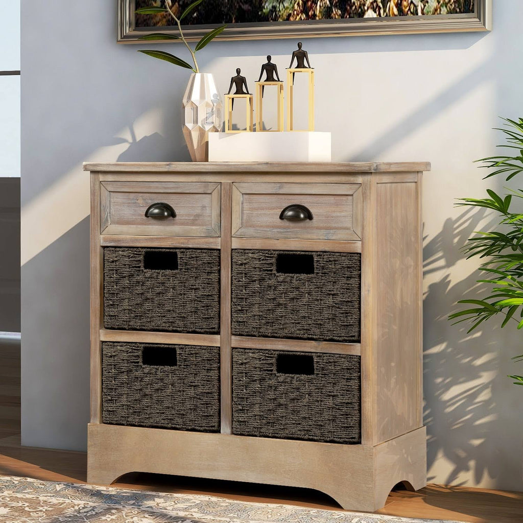 Rustic Storage Cabinet with 2 Drawers and 4 Fabric Basket E5308