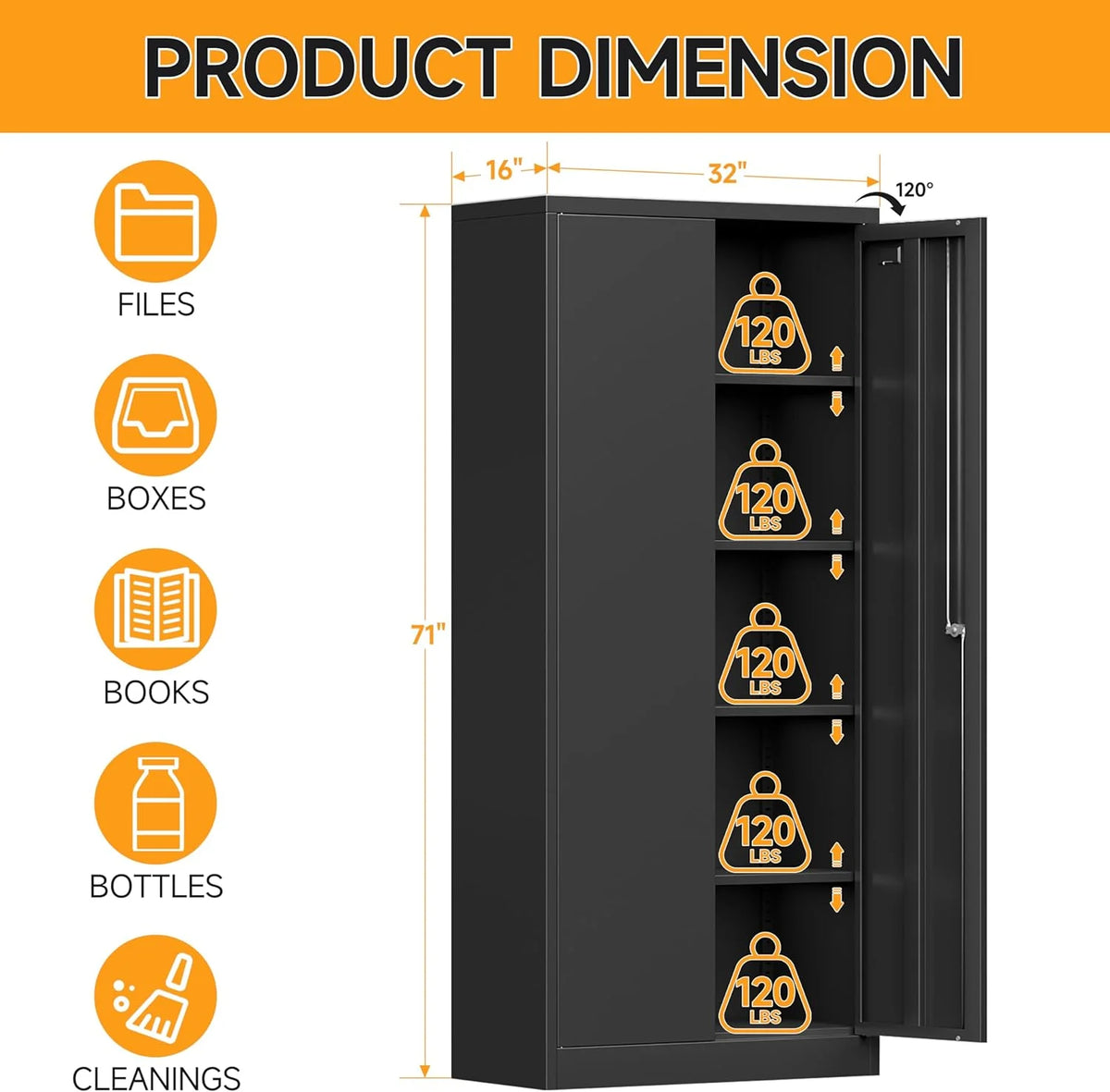 Metal Storage Cabinet with Locking Doors and 4 Adjustable Shelves, 71" Tall Black G3110