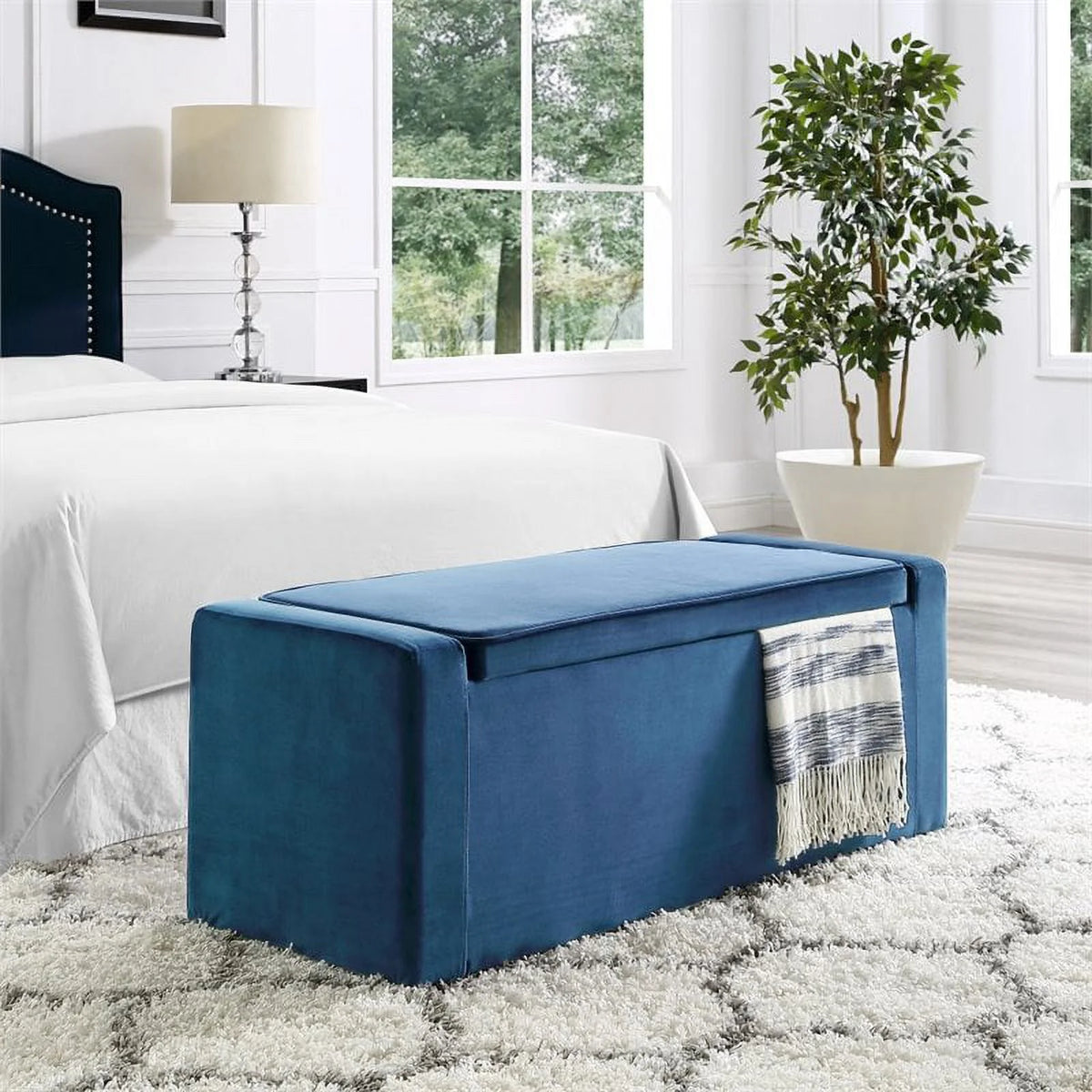 Blue Velvet Upholstered Bench with Shoe Storage M3366