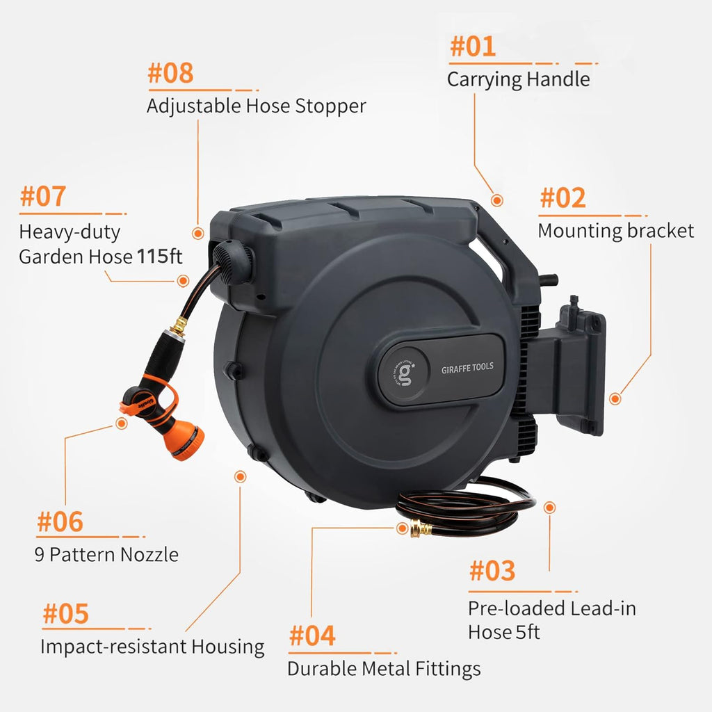 Retractable Wall Mounted Garden Hose Reel, 5/8" x 115+5 ft, Automatic Rewind B727747