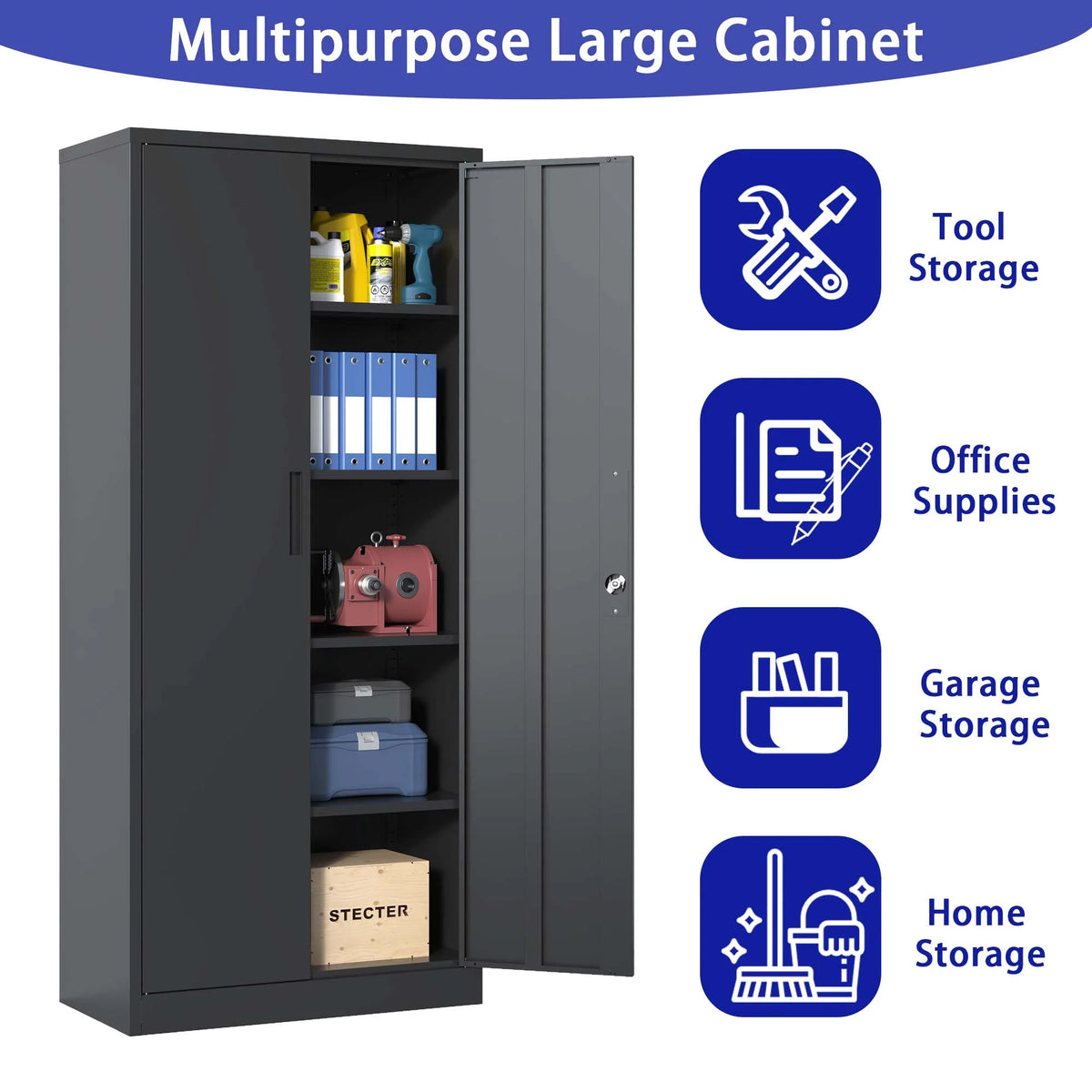 Black Metal Locking Storage Cabinet with 4 Shelves F2550