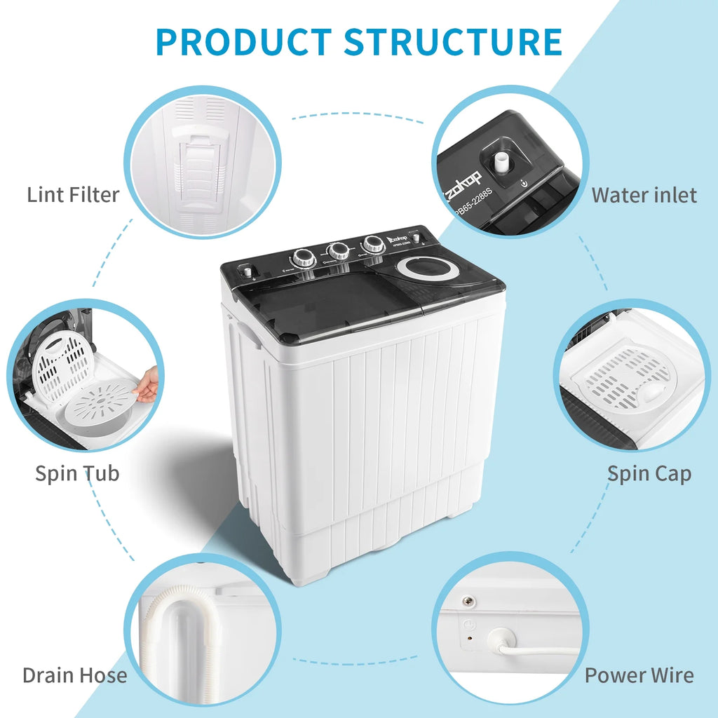 Semi-automatic Twin Tub Washing Machine with Built-in Drain Pump, White&Black S72345