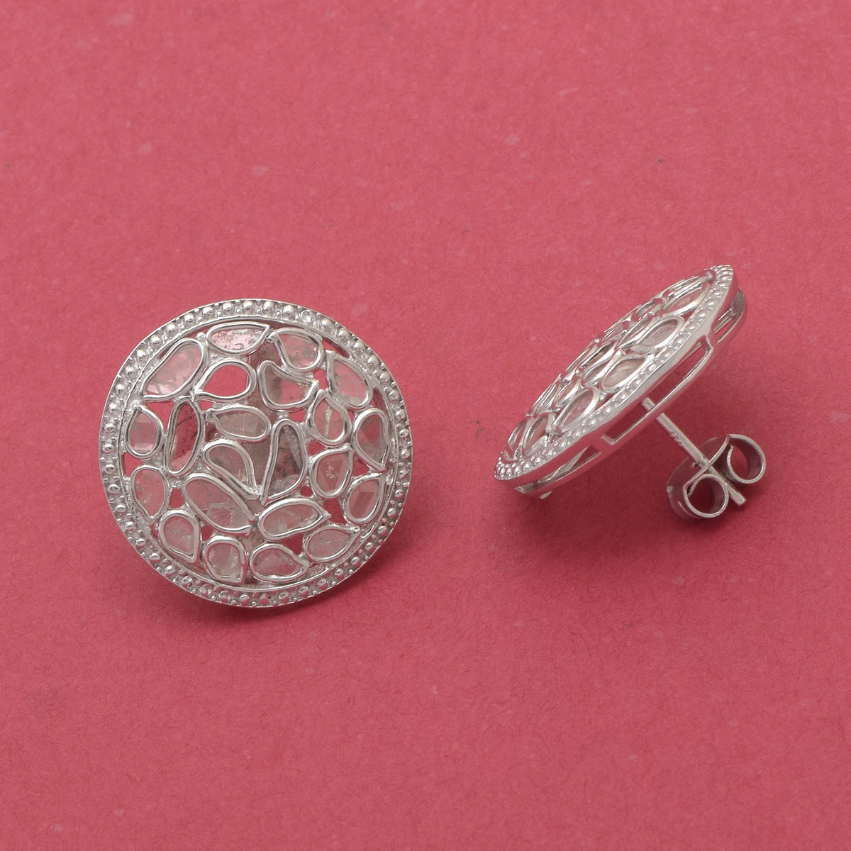 1.85 CTW Natural Diamond Polki Round Stud Earrings 925 Sterling Silver Platinum Plated S6010
