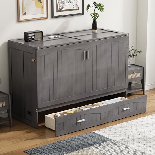 Queen Size Wood Murphy Bed with Charging Station and Storage Drawer G772388