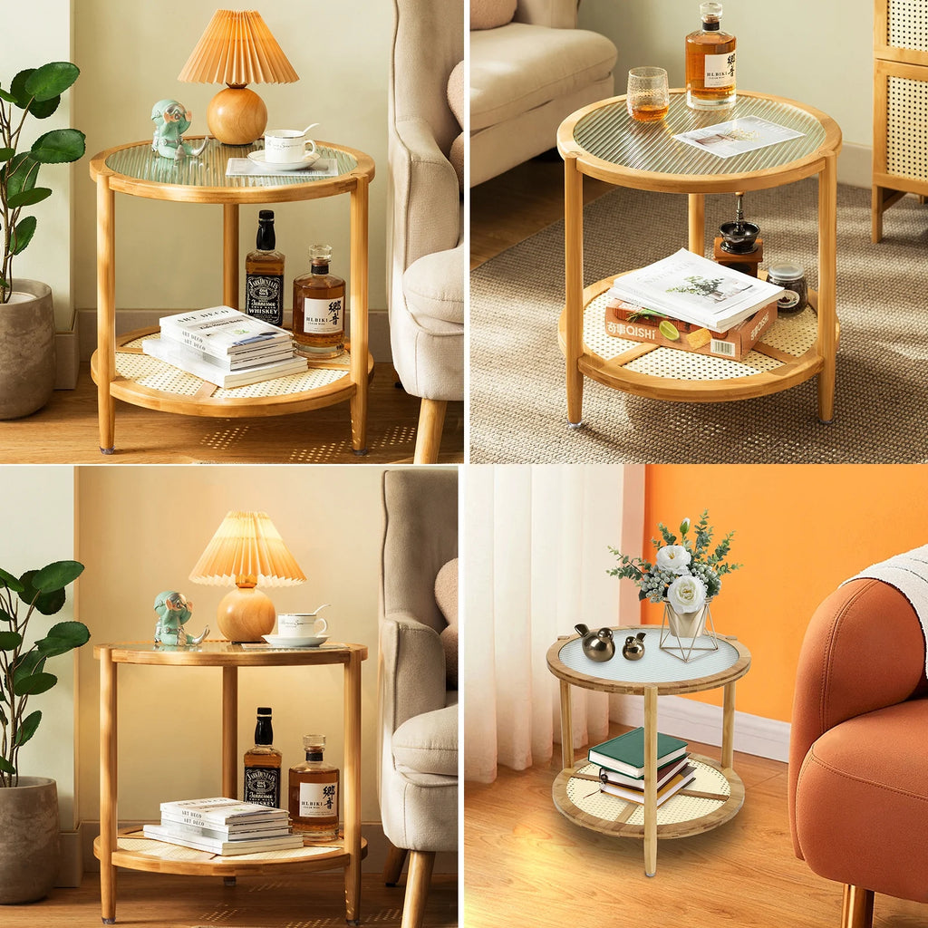 Round Wood Coffee Table with Storage Shelves V15213