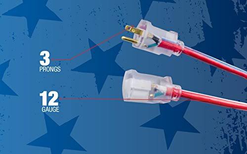 Red White and Blue 100-Feet 12/3 Extension Cord with Lighted End R44653