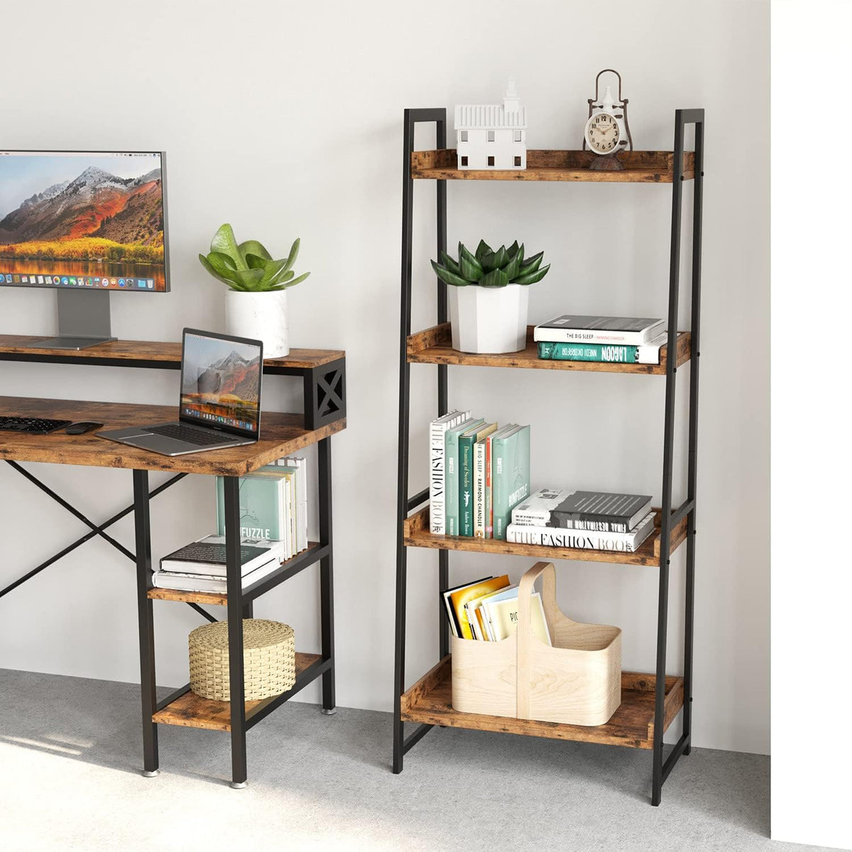 Industrial Bookshelf 4-Tier Ladder Shelf with Metal Frame P6368