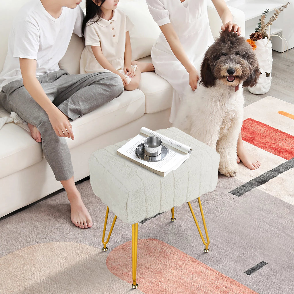 Square Faux Mink Upholstered Ottoman with Gold Legs Q966097