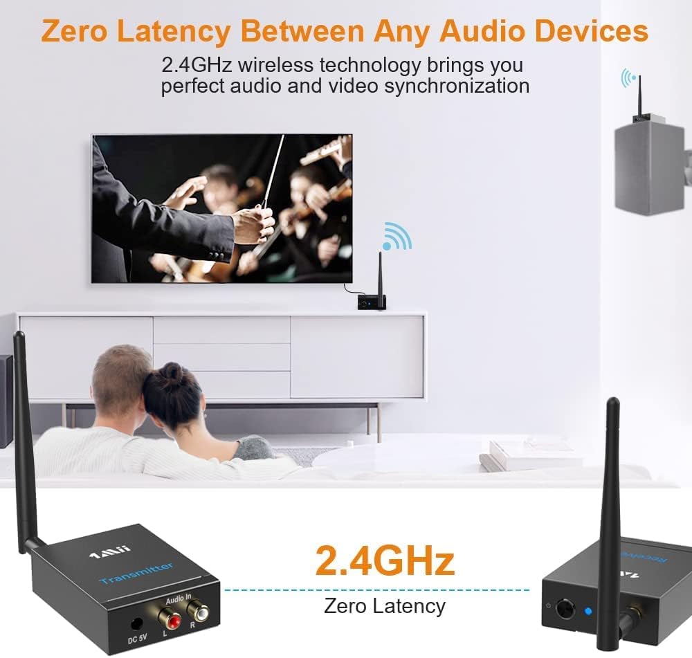 Wireless Transmitter Receiver Audio, 2.4GHz Long Range Audio Transmitter and Receiver Low Delay, RCA Out/in 320ft R906