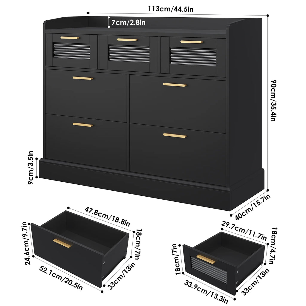 White 7 Drawer Glass Panel Wood Dresser Y46708