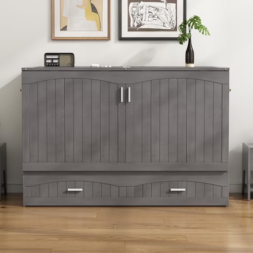 Queen Size Wood Murphy Bed with Charging Station and Storage Drawer G772388