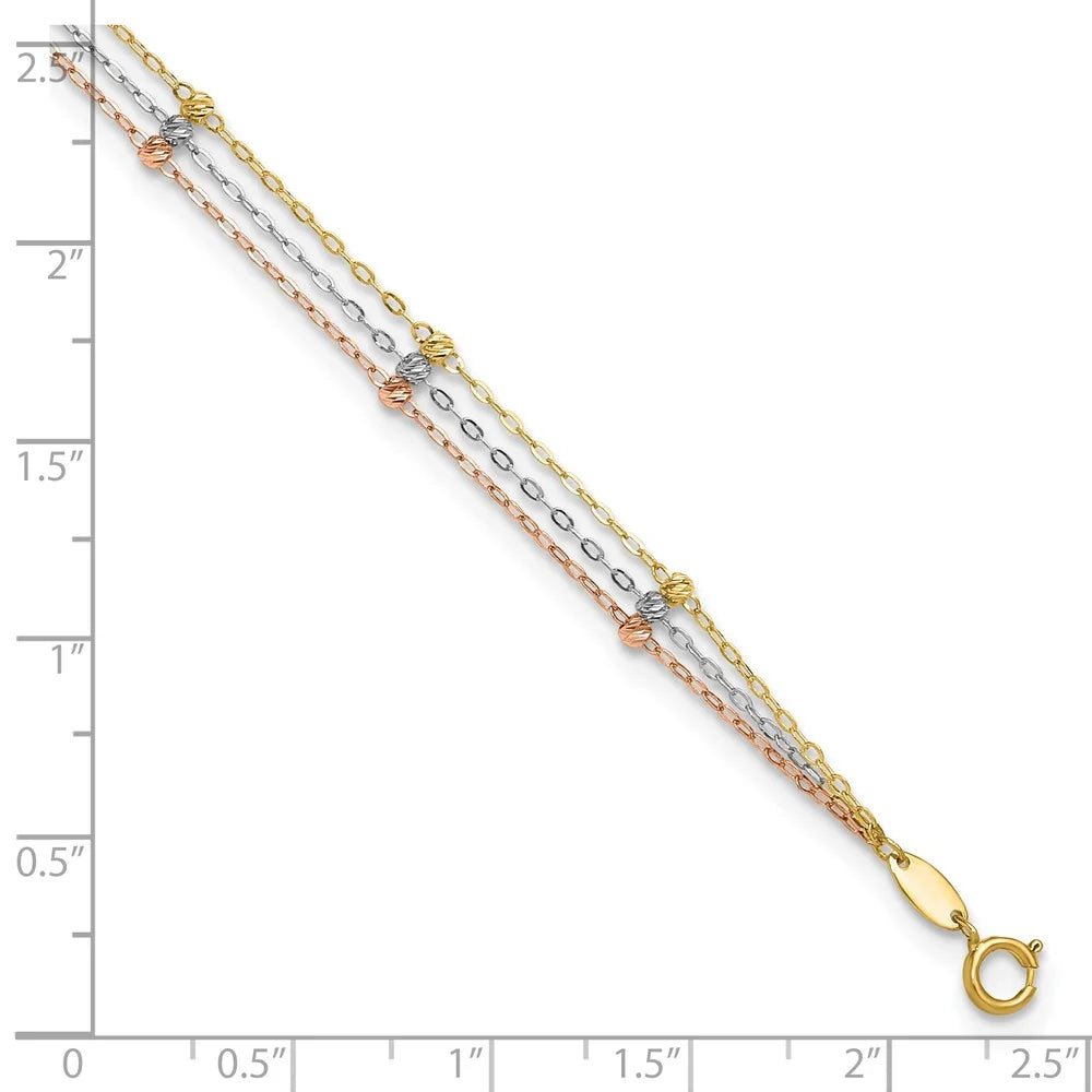14 Karat Tri-color 3-Strand Beaded Anklet Q6953