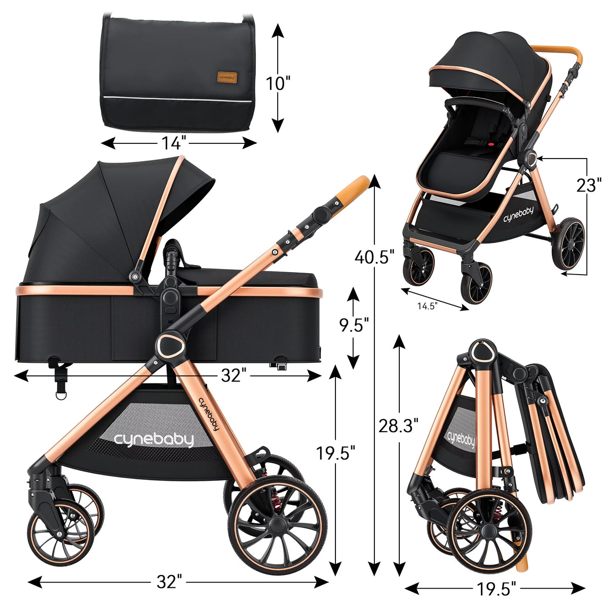 2 in 1 Convertible Baby Stroller Bassinet, Black F885