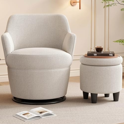 Beige Cotton Linen Upholstered Swivel Chair with Storage Ottoman M7259