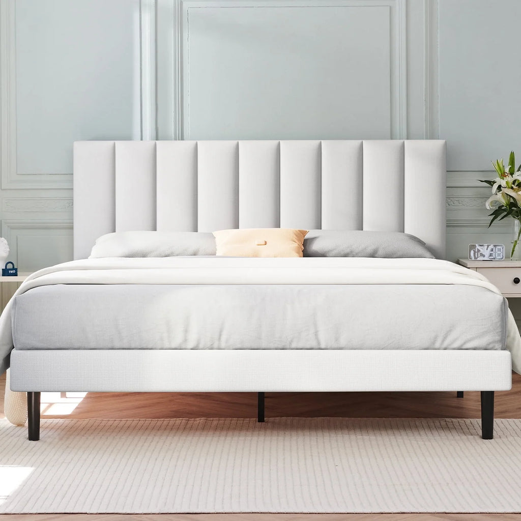 Full Platform Bed Frame with Upholstered Headboard, Beige K157827