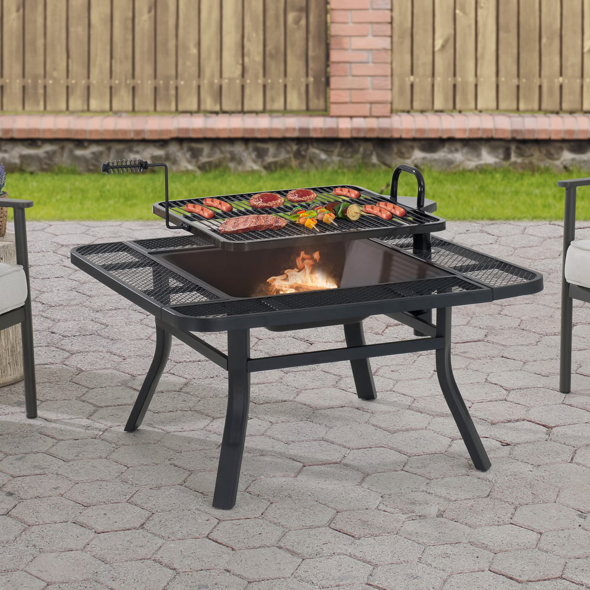 38 Inch Wood Burning Fire Pit with Adjustable Grill Grate and Fire Poker A42159