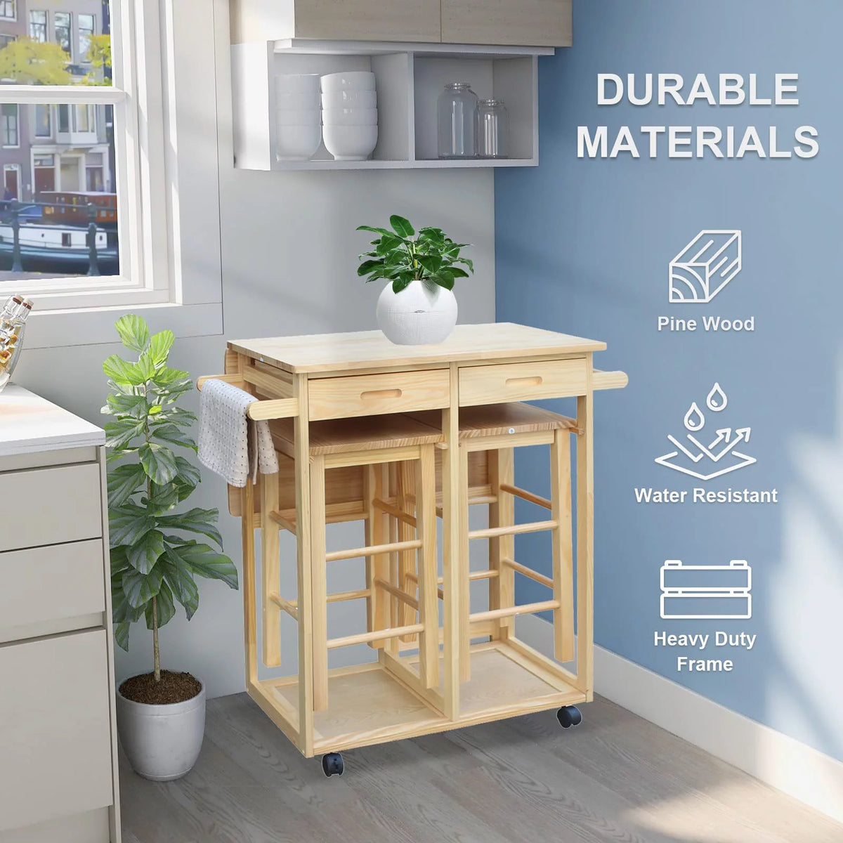 Drop Leaf Table, Rolling Kitchen Tables, Dining Table Set for 2, Natural Z6046