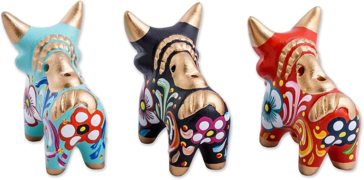 Red Black Turquoise Hand Painted Floral Ceramic Bull Figurines, Set of 3 O306475
