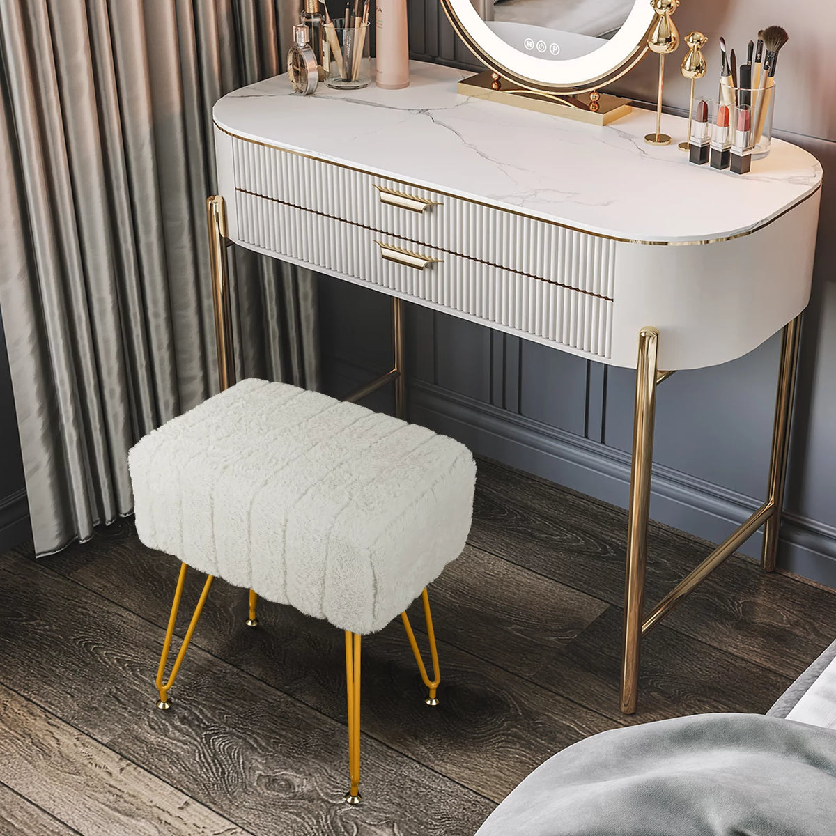 Square Faux Mink Upholstered Ottoman with Gold Legs Q966097