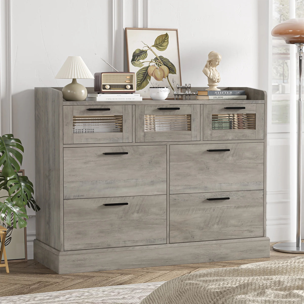 White 7 Drawer Glass Panel Wood Dresser Y46708