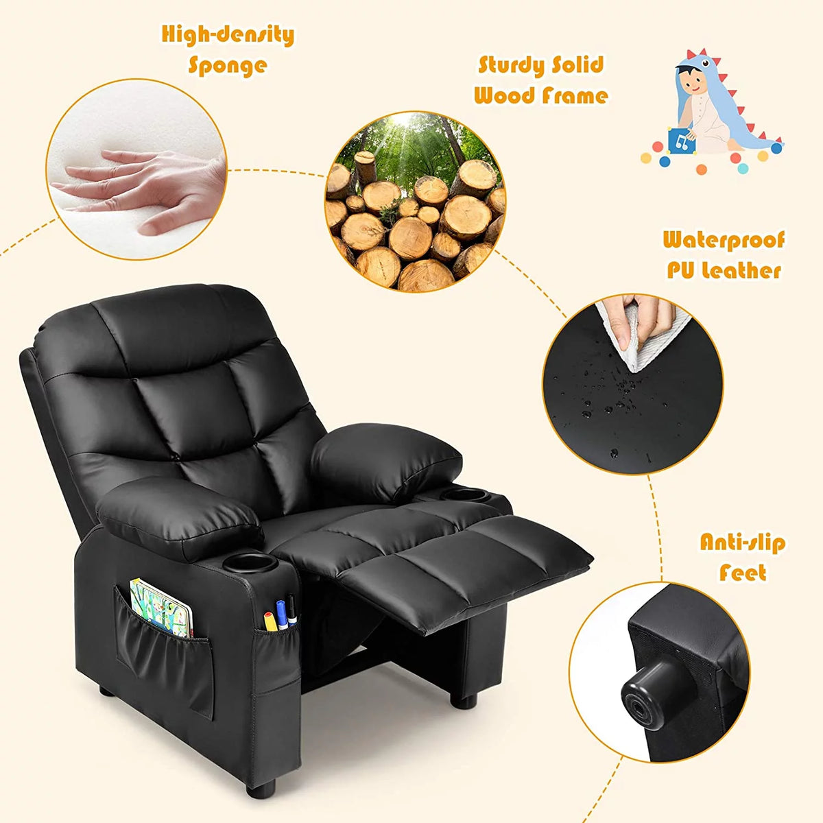 Kids Recliner Chair with Cup Holder Q881935