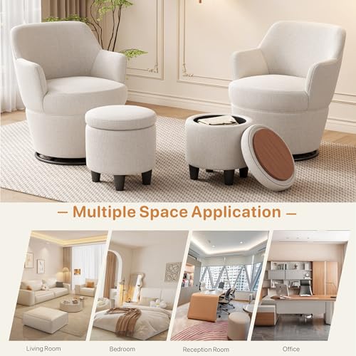 Beige Cotton Linen Upholstered Swivel Chair with Storage Ottoman M7259