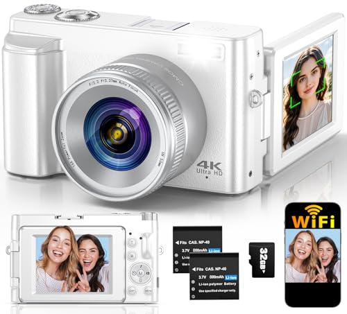 4K 64MP Compact Digital Camera with 32GB Card, 2 Batteries, Black J467