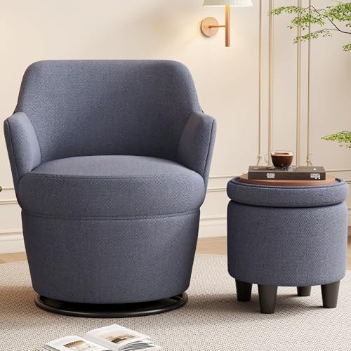 Beige Cotton Linen Upholstered Swivel Chair with Storage Ottoman M7259