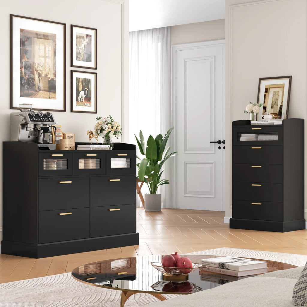 White 7 Drawer Glass Panel Wood Dresser Y46708