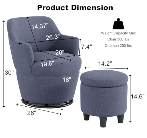Beige Cotton Linen Upholstered Swivel Chair with Storage Ottoman M7259
