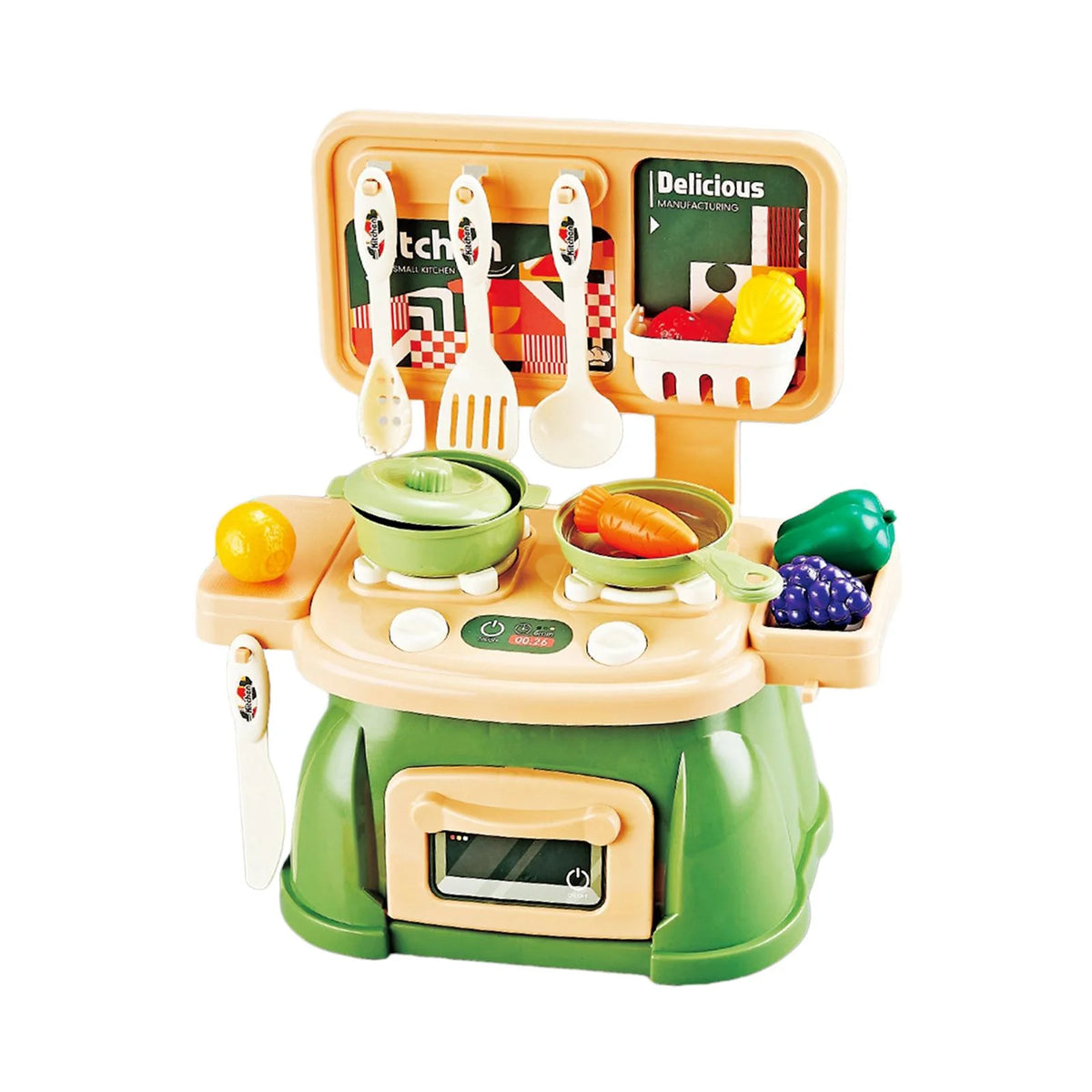 30Pcs Kitchen Playset Toy Pretend Food and Cooking Playset Educational Learning Skill Toy Pretend Chef Cookware for Dollhouse green M89510