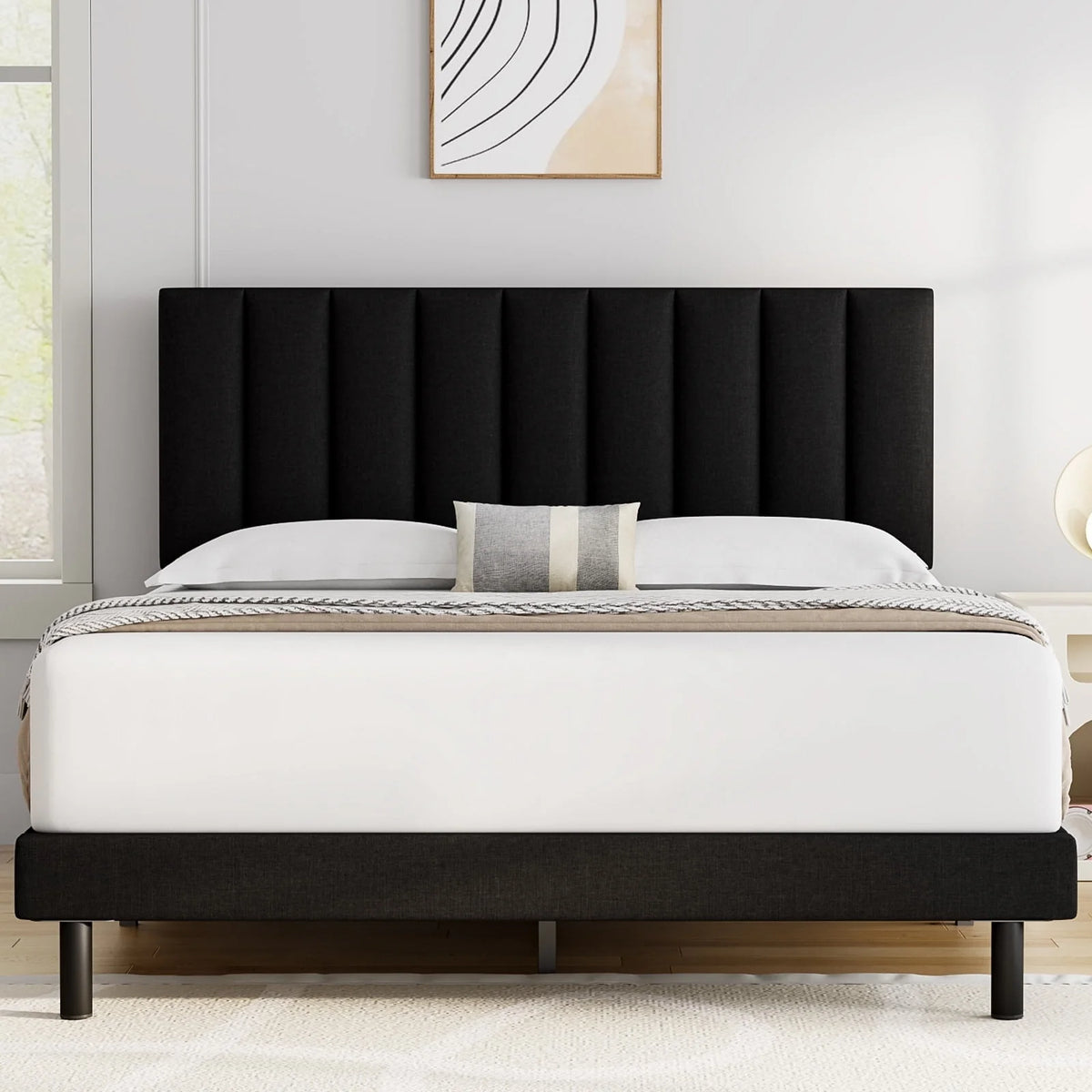 Full Platform Bed Frame with Upholstered Headboard, Beige K157827