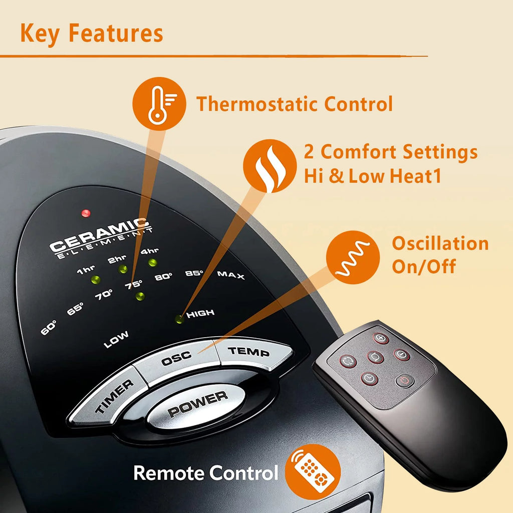 Oscillating Tower Space Heater with Adjustable Thermostat Timer & Remote Control, 22.5 Inches 1500W Grey/Black G934217