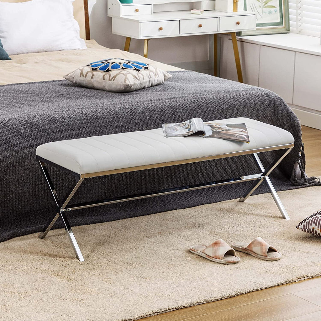Faux Leather Upholstered Bench with Metal X Legs Q696