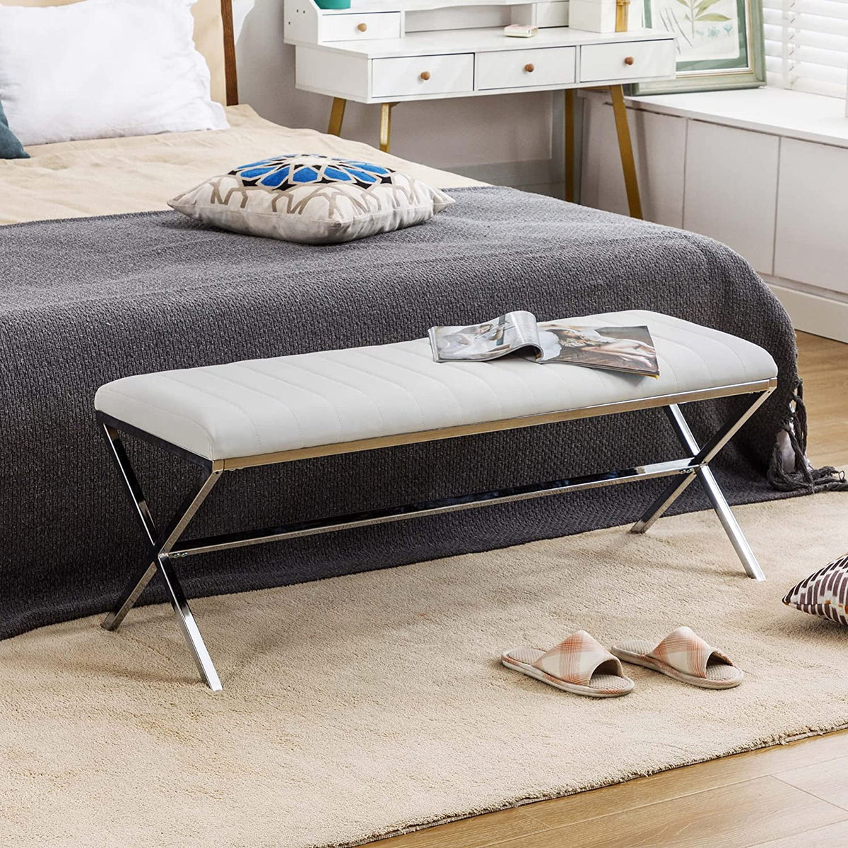 Faux Leather Upholstered Bench with Metal X Legs Q696