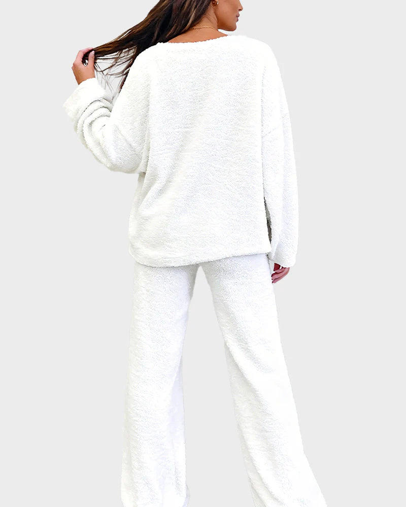 Soft Fuzzy V-Neck Loungewear Set W740