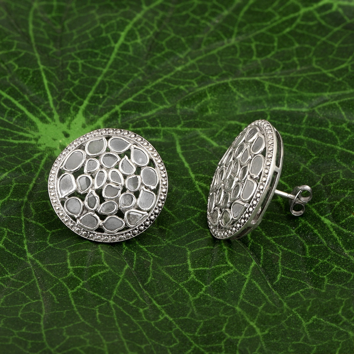 1.85 CTW Natural Diamond Polki Round Stud Earrings 925 Sterling Silver Platinum Plated S6010