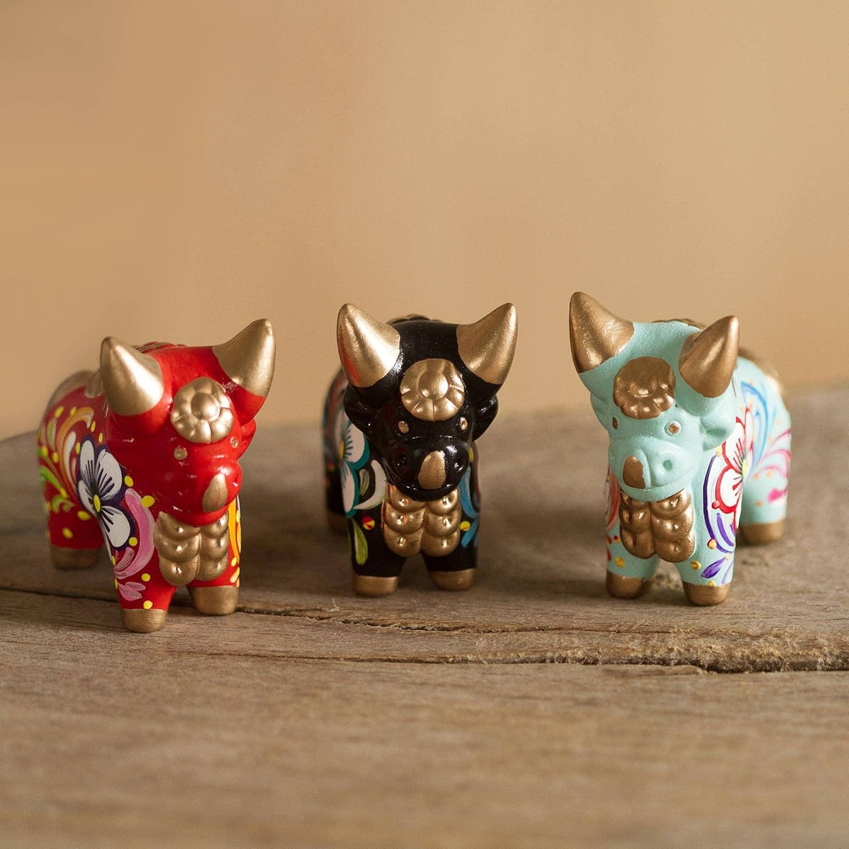 Red Black Turquoise Hand Painted Floral Ceramic Bull Figurines, Set of 3 O306475